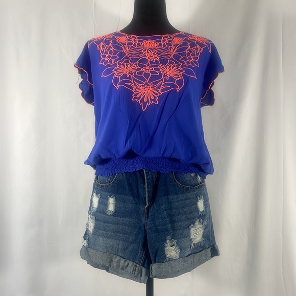 Blue asphalt distressed, folded, ripped,Jean shorts, high rise, size Small - Picture 3 of 5